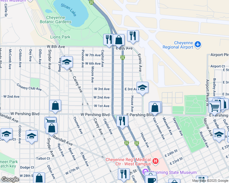 map of restaurants, bars, coffee shops, grocery stores, and more near 3517 Central Avenue in Cheyenne
