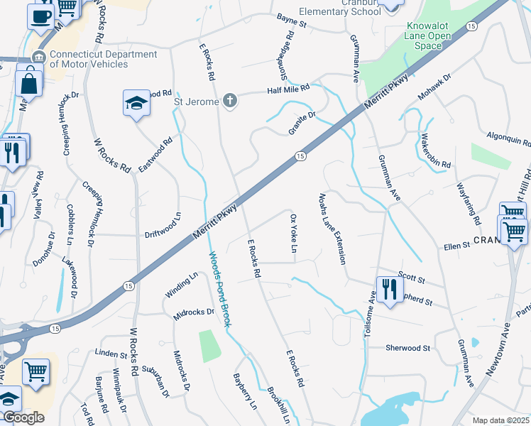 map of restaurants, bars, coffee shops, grocery stores, and more near 2 Ox Yoke Lane in Norwalk