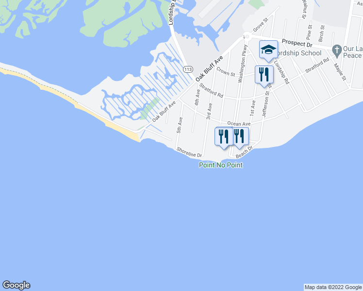 map of restaurants, bars, coffee shops, grocery stores, and more near 85 Shoreline Drive in Stratford