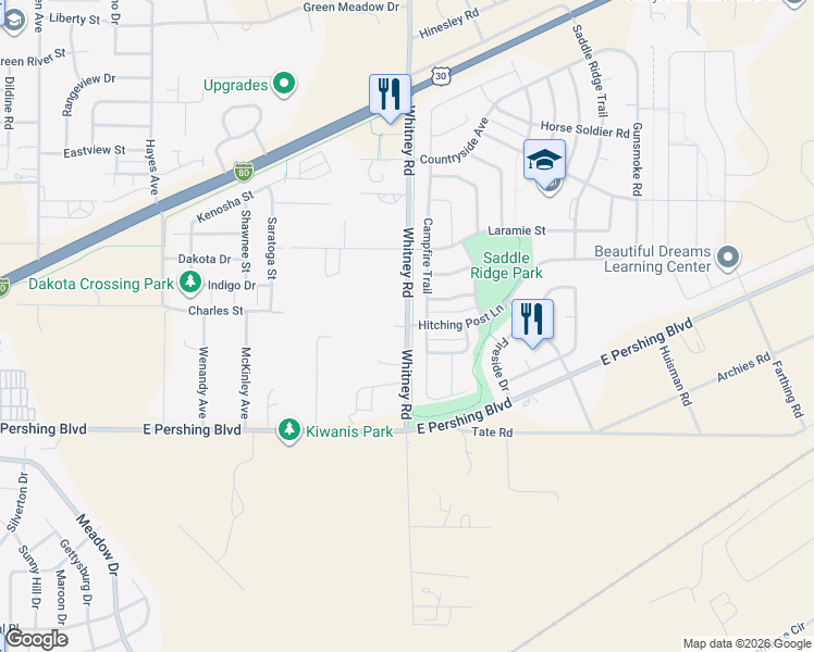 map of restaurants, bars, coffee shops, grocery stores, and more near 3473 Whitney Road in Cheyenne