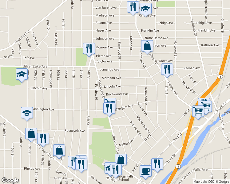 map of restaurants, bars, coffee shops, grocery stores, and more near 327 Birchwood Avenue in Cuyahoga Falls