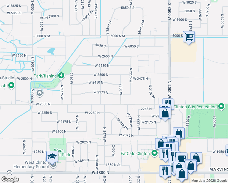 map of restaurants, bars, coffee shops, grocery stores, and more near 2403 West 2375 North in Clinton