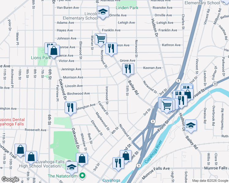 map of restaurants, bars, coffee shops, grocery stores, and more near 2759 Ironwood Street in Cuyahoga Falls