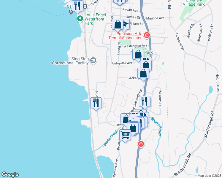 map of restaurants, bars, coffee shops, grocery stores, and more near 64 Hudson Point Lane in Ossining