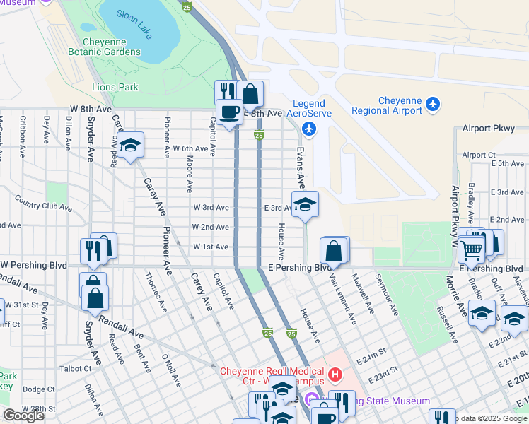 map of restaurants, bars, coffee shops, grocery stores, and more near 118 East 2nd Avenue in Cheyenne