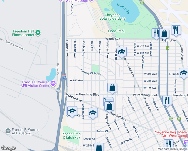 map of restaurants, bars, coffee shops, grocery stores, and more near 1014 West 2nd Avenue in Cheyenne