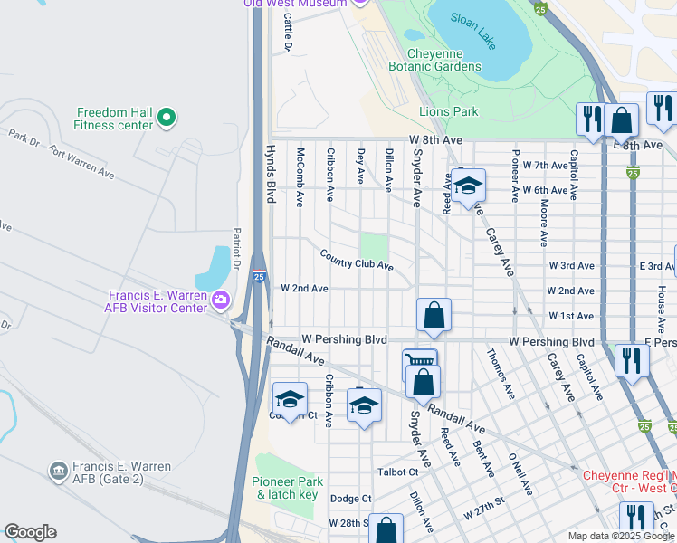 map of restaurants, bars, coffee shops, grocery stores, and more near 1212 West 2nd Avenue in Cheyenne