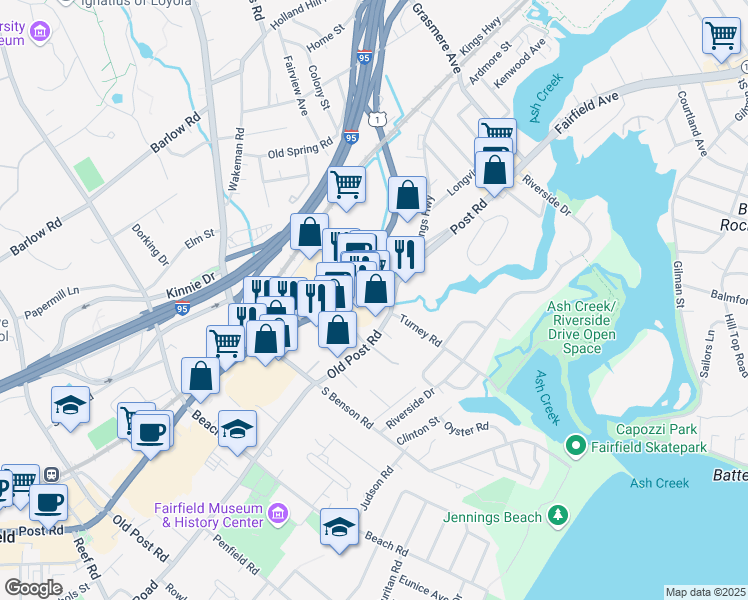 map of restaurants, bars, coffee shops, grocery stores, and more near 625 Post Road in Fairfield