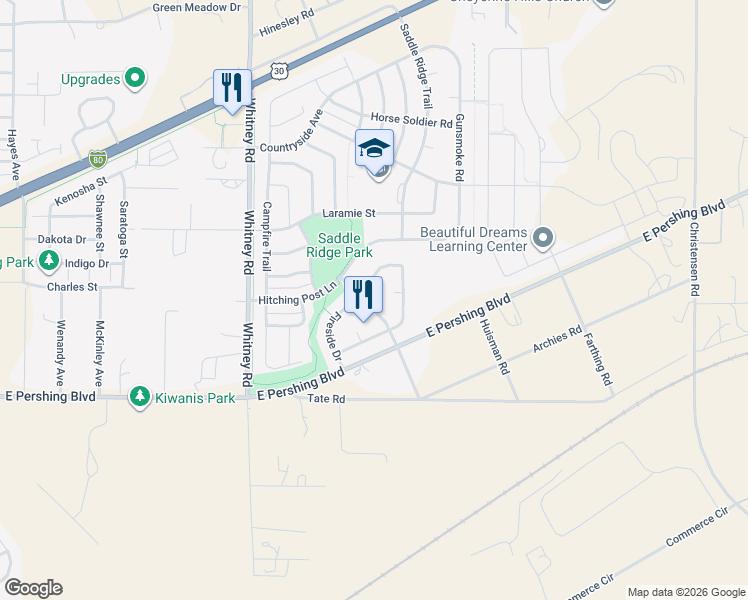 map of restaurants, bars, coffee shops, grocery stores, and more near 4031 Foster Avenue in Cheyenne