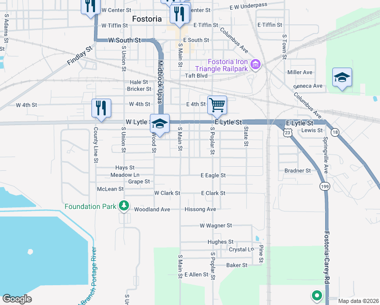 map of restaurants, bars, coffee shops, grocery stores, and more near 117-137 E Jones St in Fostoria