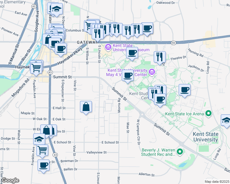 map of restaurants, bars, coffee shops, grocery stores, and more near 618 East Summit Street in Kent