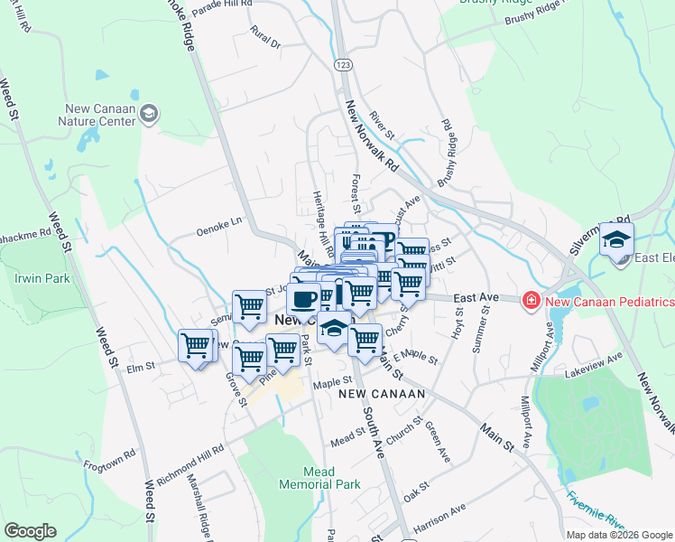 map of restaurants, bars, coffee shops, grocery stores, and more near 51 Main Street in New Canaan