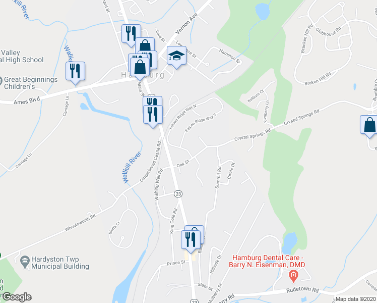 map of restaurants, bars, coffee shops, grocery stores, and more near Falcon Way in Hamburg