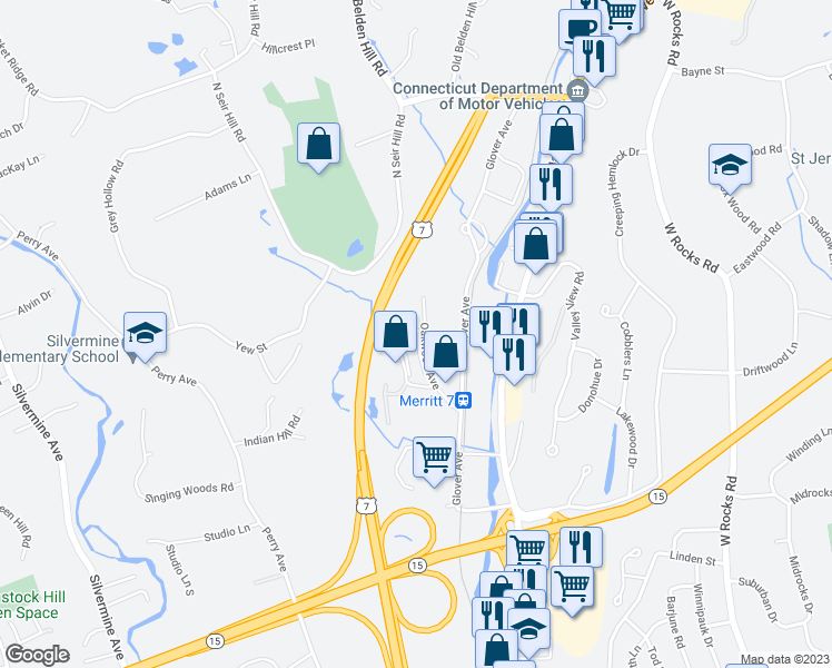 map of restaurants, bars, coffee shops, grocery stores, and more near 19 Glenrock in Norwalk