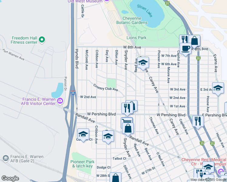 map of restaurants, bars, coffee shops, grocery stores, and more near 1003 Country Club Avenue in Cheyenne