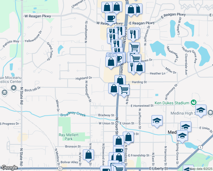 map of restaurants, bars, coffee shops, grocery stores, and more near 190 Highland Drive in Medina