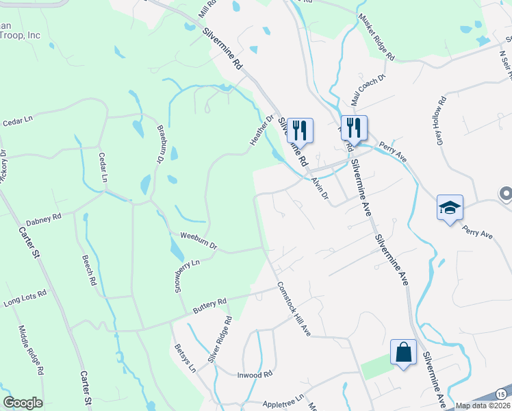 map of restaurants, bars, coffee shops, grocery stores, and more near 73 Comstock Hill Road in New Canaan