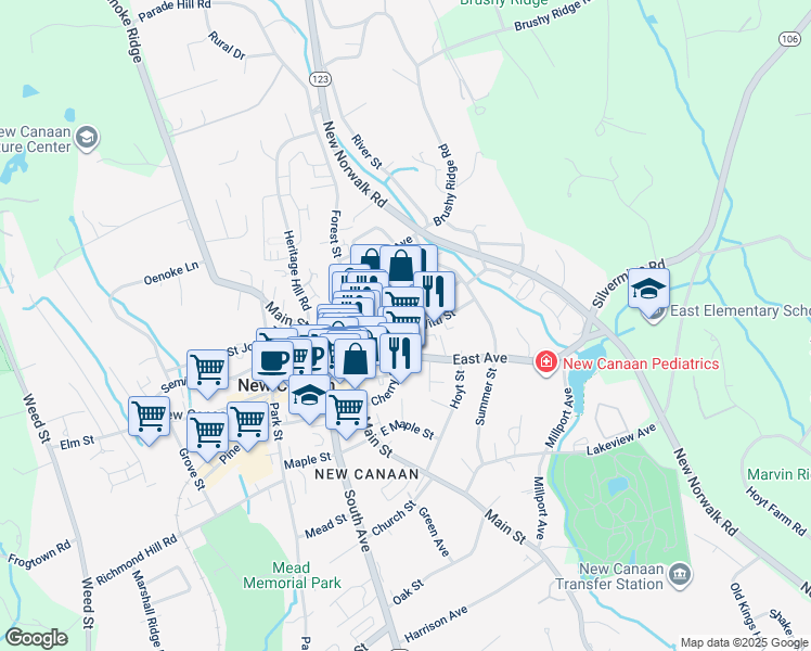 map of restaurants, bars, coffee shops, grocery stores, and more near 64 East Avenue in New Canaan