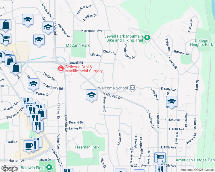 map of restaurants, bars, coffee shops, grocery stores, and more near 505 Gaslight Lane in Bellevue