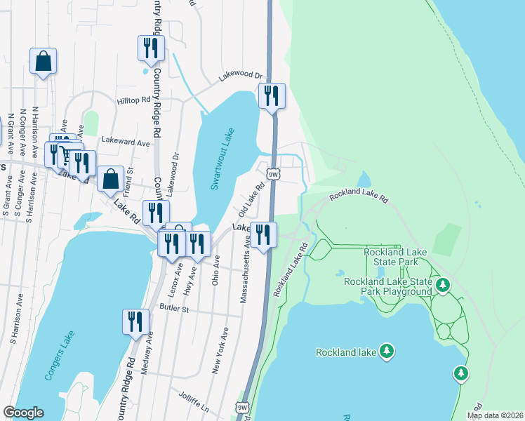 map of restaurants, bars, coffee shops, grocery stores, and more near 18 Old Lake Road in Congers
