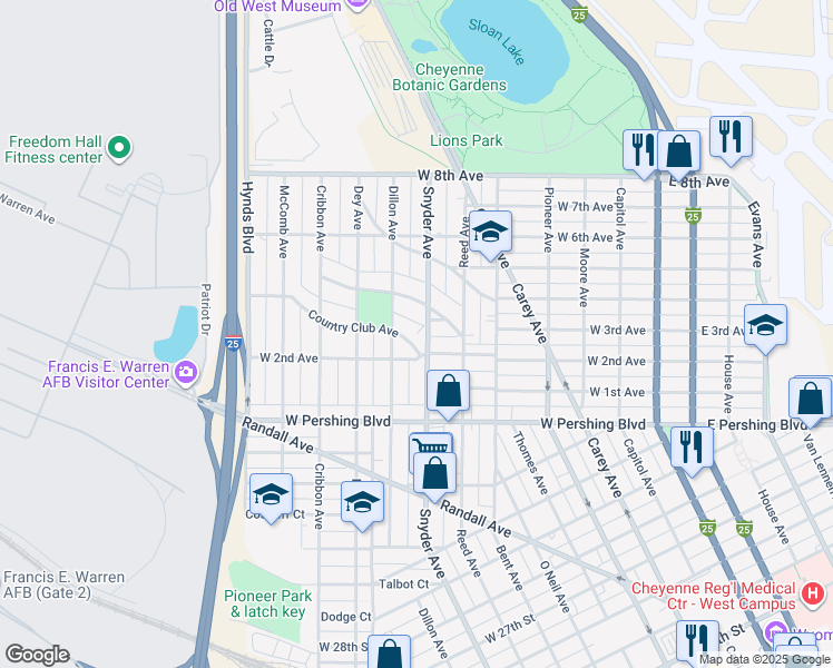 map of restaurants, bars, coffee shops, grocery stores, and more near 901 Country Club Avenue in Cheyenne