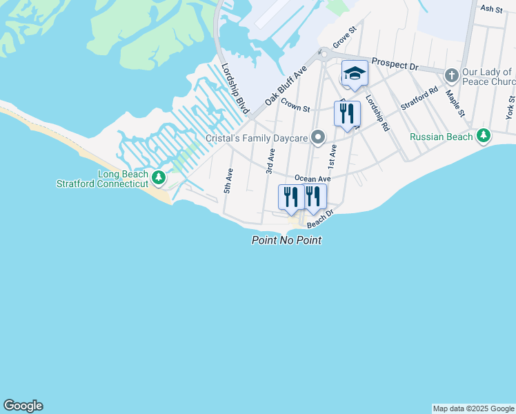 map of restaurants, bars, coffee shops, grocery stores, and more near 54 Shoreline Drive in Stratford