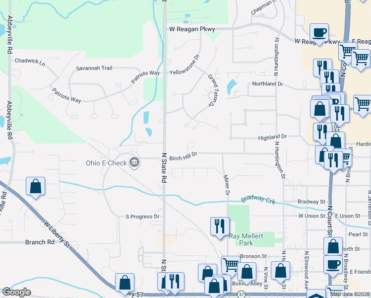 map of restaurants, bars, coffee shops, grocery stores, and more near 580 Birch Hill Drive in Medina