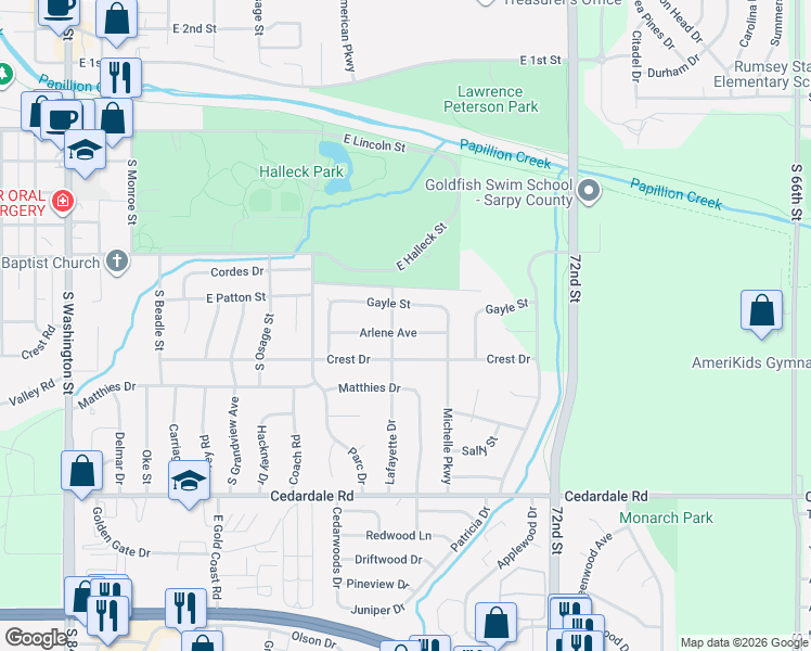 map of restaurants, bars, coffee shops, grocery stores, and more near 823 Arlene Avenue in Papillion