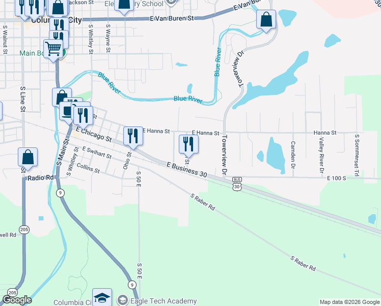 map of restaurants, bars, coffee shops, grocery stores, and more near 620-698 South Golden Street in Columbia City