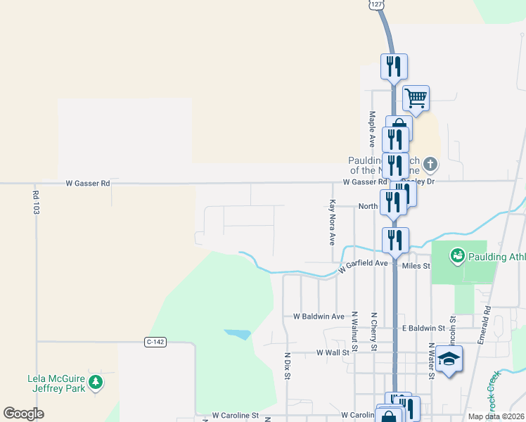 map of restaurants, bars, coffee shops, grocery stores, and more near 801 Centerfield Drive in Paulding