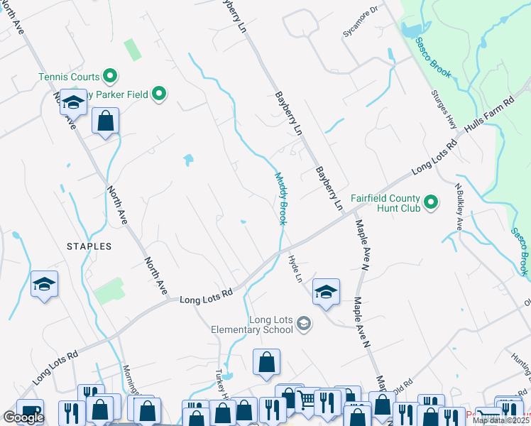 map of restaurants, bars, coffee shops, grocery stores, and more near 5 High Point Road in Westport
