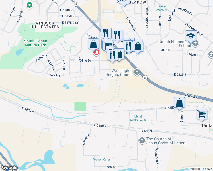 map of restaurants, bars, coffee shops, grocery stores, and more near 6306 Hillview Drive in Ogden