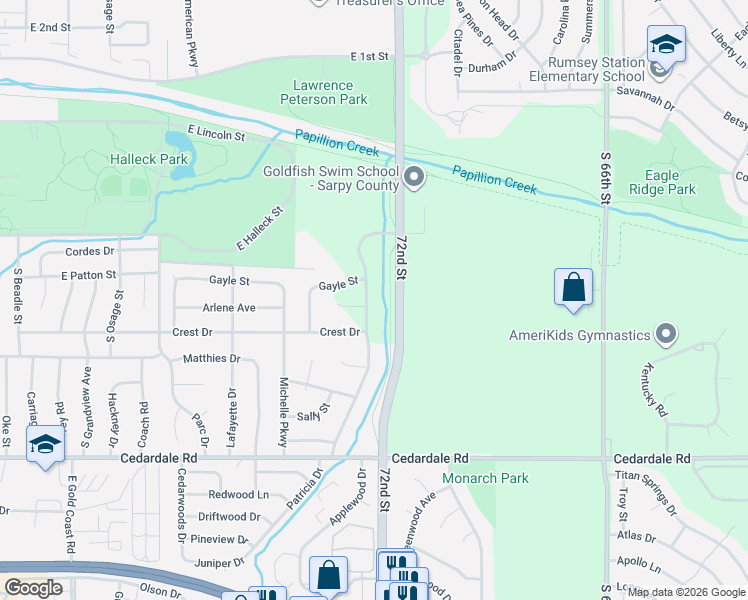 map of restaurants, bars, coffee shops, grocery stores, and more near 1021 Patricia Drive in Papillion