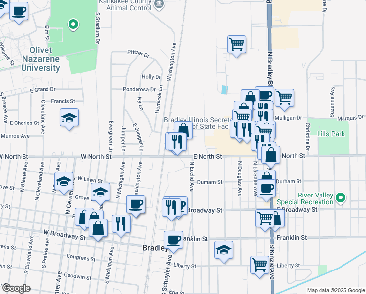 map of restaurants, bars, coffee shops, grocery stores, and more near 134-184 East North Street in Bradley