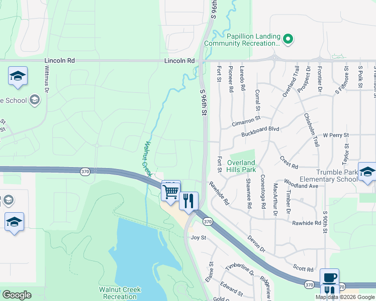 map of restaurants, bars, coffee shops, grocery stores, and more near 1312 Santa Fe Circle in Papillion