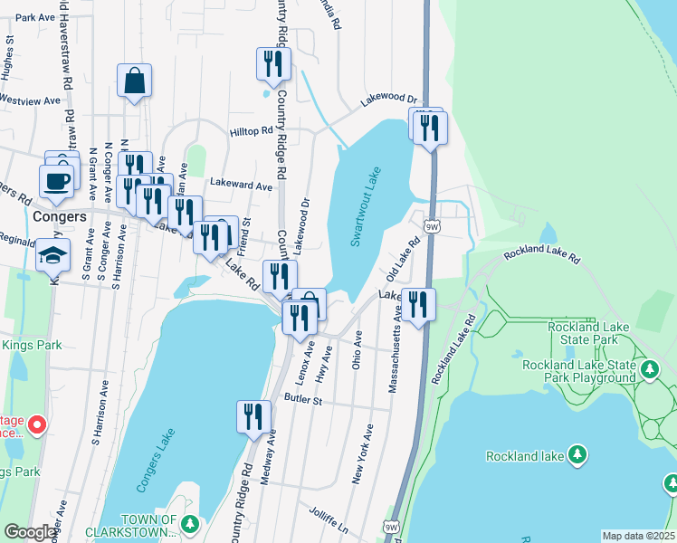 map of restaurants, bars, coffee shops, grocery stores, and more near 28 Trevor Lake Drive in Congers