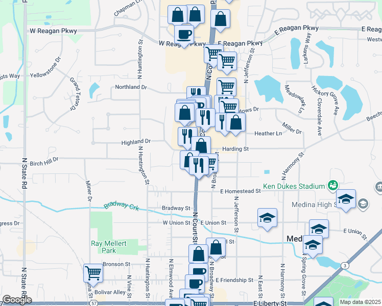 map of restaurants, bars, coffee shops, grocery stores, and more near 765 North Court Street in Medina