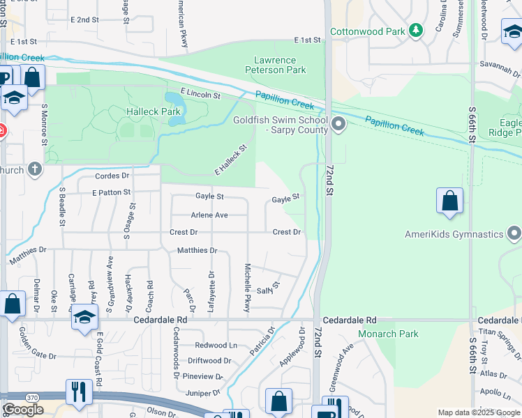 map of restaurants, bars, coffee shops, grocery stores, and more near 1014 Jacqueline Drive in Papillion