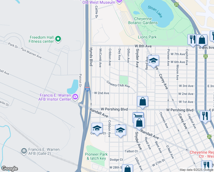 map of restaurants, bars, coffee shops, grocery stores, and more near 1318 West 2nd Avenue in Cheyenne