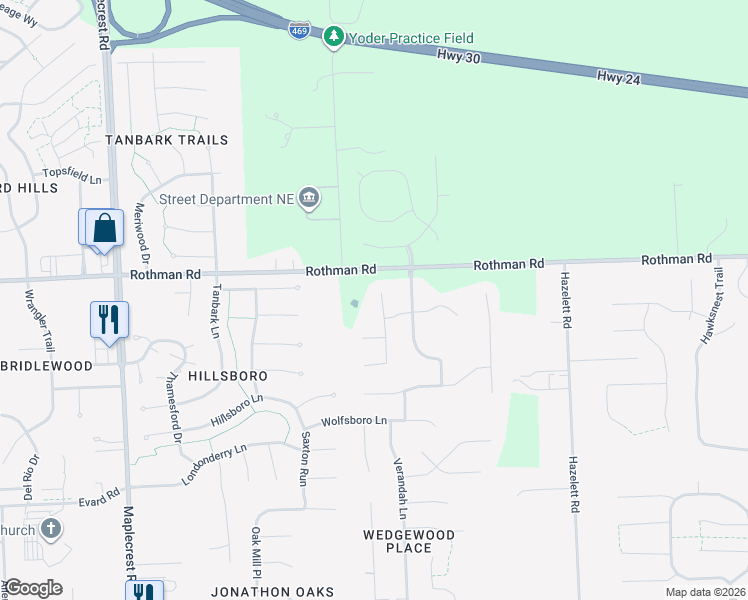 map of restaurants, bars, coffee shops, grocery stores, and more near 7226 Foxfield Drive in Fort Wayne