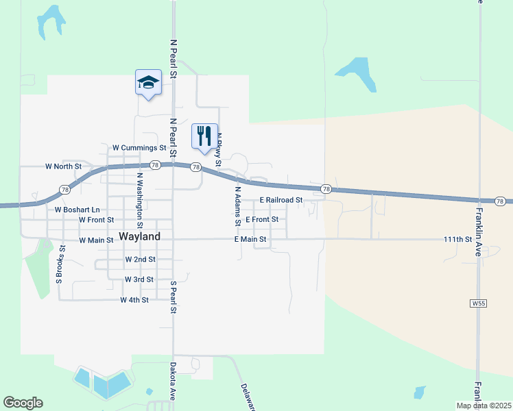 map of restaurants, bars, coffee shops, grocery stores, and more near 351-399 E Front St in Wayland