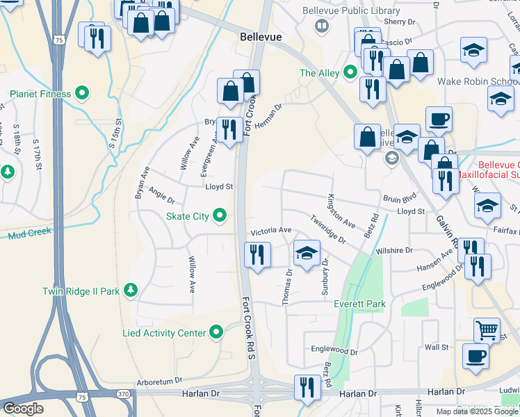 map of restaurants, bars, coffee shops, grocery stores, and more near 1209 Fort Crook Road South in Bellevue