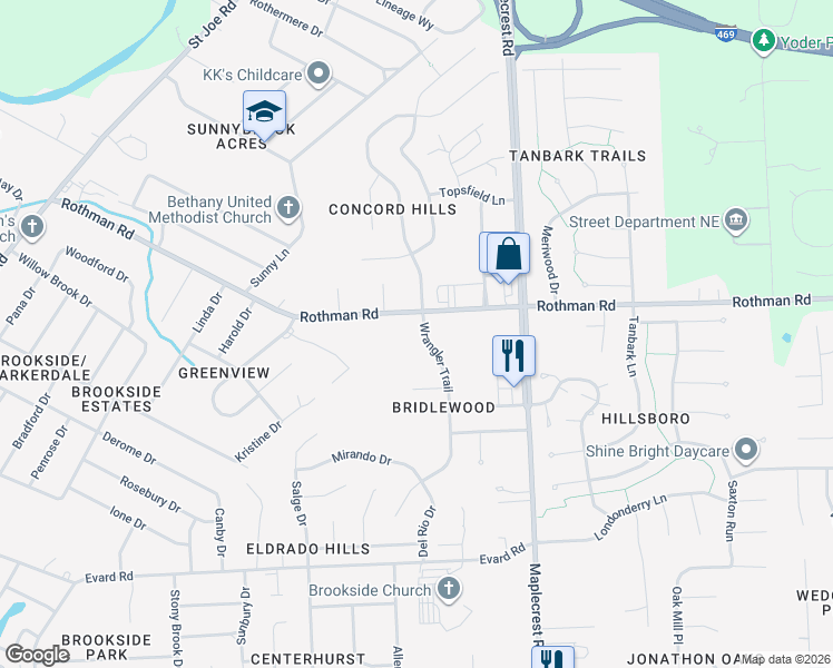 map of restaurants, bars, coffee shops, grocery stores, and more near 7227 Wrangler Trail in Fort Wayne