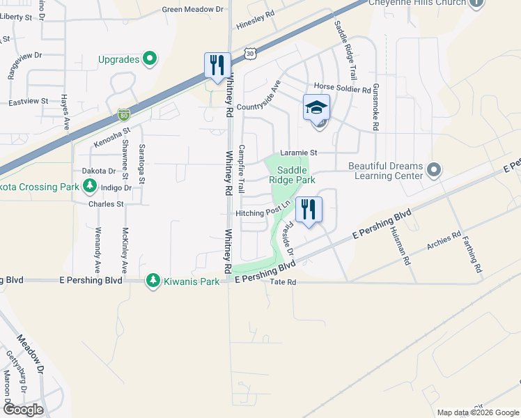 map of restaurants, bars, coffee shops, grocery stores, and more near Riverbend Road in Cheyenne