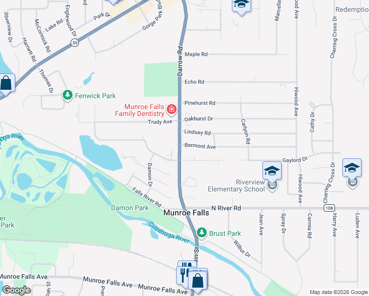 map of restaurants, bars, coffee shops, grocery stores, and more near 338 North Main Street in Munroe Falls