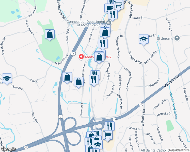 map of restaurants, bars, coffee shops, grocery stores, and more near 442 Main Avenue in Norwalk