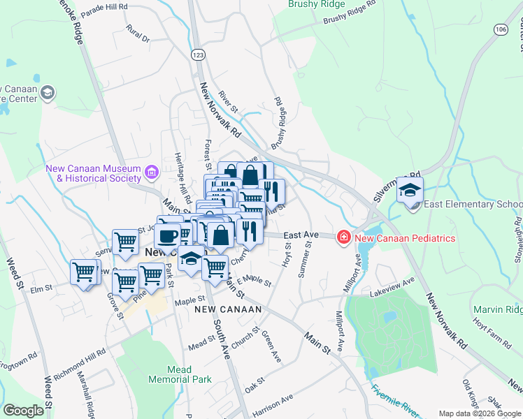 map of restaurants, bars, coffee shops, grocery stores, and more near 64 East Avenue in New Canaan