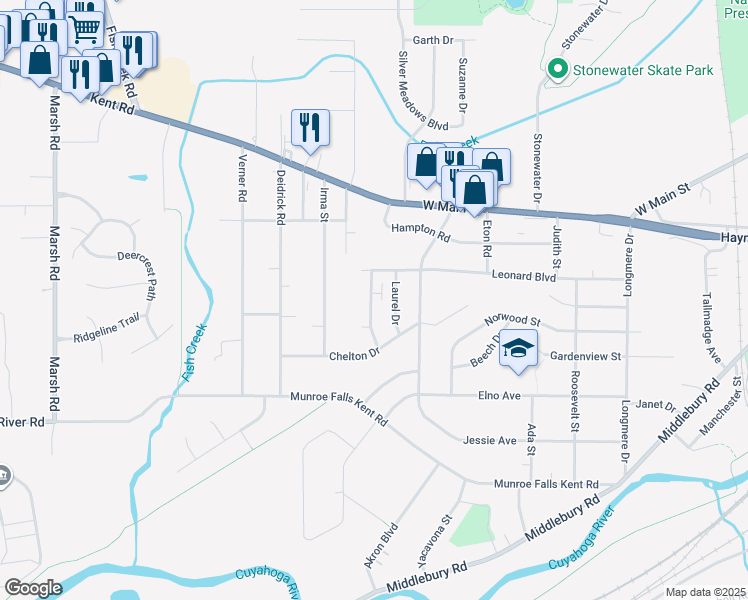 map of restaurants, bars, coffee shops, grocery stores, and more near 501 Brentwood Drive in Kent