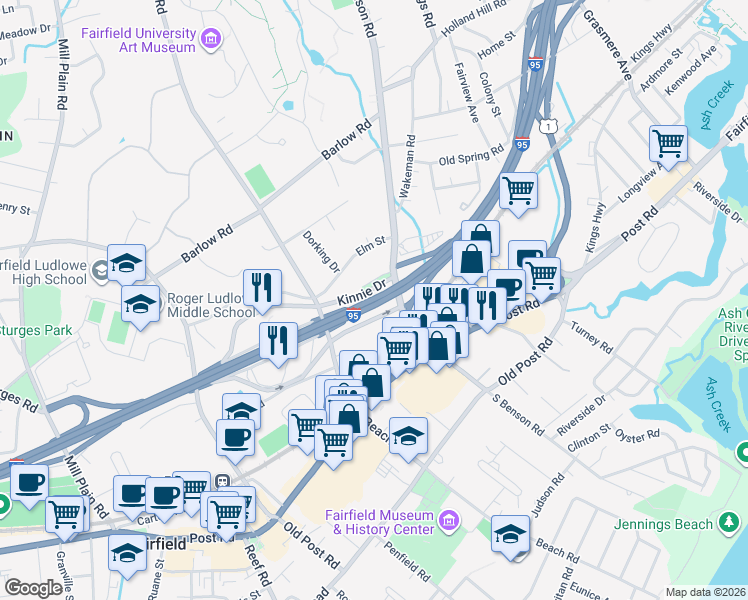 map of restaurants, bars, coffee shops, grocery stores, and more near Governor John Davis Lodge Turnpike in Fairfield