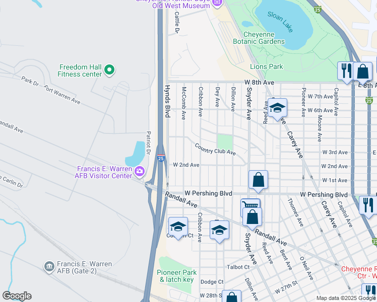 map of restaurants, bars, coffee shops, grocery stores, and more near 3547 McComb Avenue in Cheyenne
